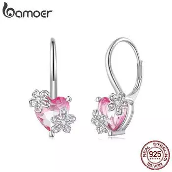 BAMOER стерлингового серебра 925 пробы с розовым сердечком, пряжки для ушей, нежные полые серьги-кольца с цветком для женщин и девочек, романтические изящные ювелирные изделия
