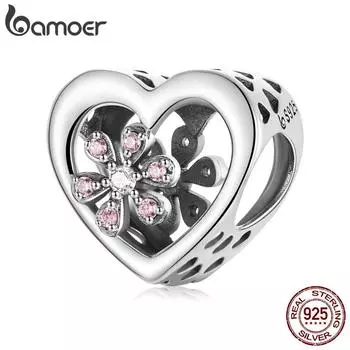 BAMOER Стерлингового Серебра 925 пробы Сакура любовь, инкрустированная ослепительным цирконом, подвеска, подходит для женщин, оригинальный браслет, ювелирные украшения 925 silver