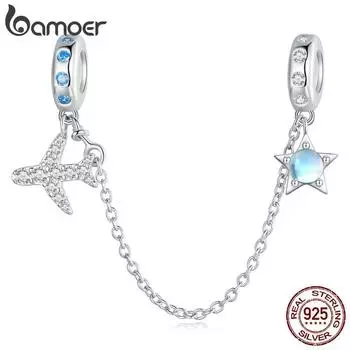 BAMOER стерлингового серебра 925 пробы самолет и звезда серебряная силиконовая защитная цепочка аксессуар для женщин браслет DIY ювелирные изделия 925 silver