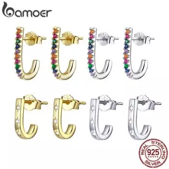BAMOER стерлингового серебра 925 пробы, серьги-кольца радужного цвета с цирконием, простые серьги-гвоздики для женщин, модные украшения D