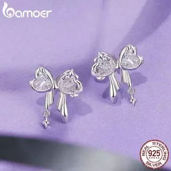 BAMOER стерлингового серебра 925 пробы серьги-гвоздики с бантом милые и милые серьги с кубическим цирконием для женщин и девочек изящные ювелирные изделия 16*14mm