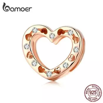 BAMOER Стерлингового Серебра 925 пробы Сердце Любовь Бусины Циркон Розовое Золото Подвеска Подходит Оригинальный Браслет и Браслет LCX606