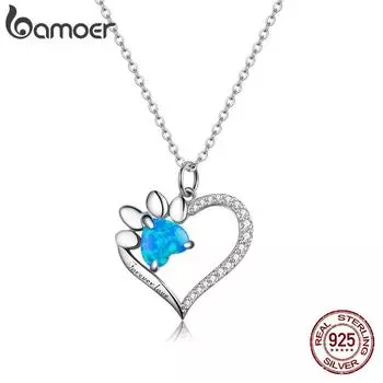 BAMOER Стерлингового Серебра 925 пробы Сердце След Синий Циркон Лапа Ослепительная Подвеска Цепочка для Женщин Модные Ювелирные Изделия Подарок 925 silver