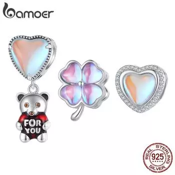 BAMOER Стерлингового Серебра 925 пробы Сердце Воздушный Шар Медведь Подвески Четырехлистный Клевер Бусина для Женщин Браслет DIY Изящные Ювелирные Изделия C
