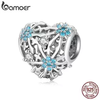 BAMOER стерлингового серебра 925 пробы синие бусины в форме сердца в форме снежинки Love для женщин ювелирные украшения 925 silver