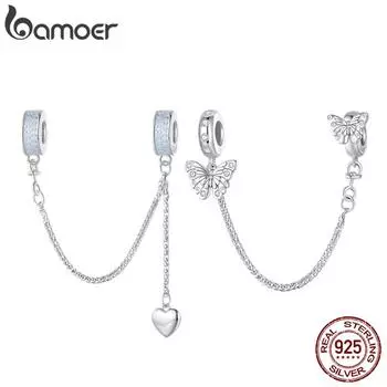 BAMOER стерлингового серебра 925 пробы синий циркон бусины Love в форме сердца с кисточкой и бабочкой защитная цепочка для женщин браслет DIY ювелирные украшения подарок B