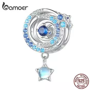 BAMOER стерлингового серебра 925 пробы синий циркон межзвездные бусины Вселенная планета подвески для женщин браслет ожерелье DIY ювелирные изделия 925 silver