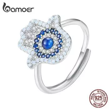 BAMOER стерлингового серебра 925 пробы, синий циркон Фатимы, кольцо для открывания рук, регулируемое кольцо для женщин, модные изящные ювелирные изделия