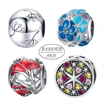 BAMOER Стерлингового Серебра 925 пробы Синий Цветок Цветок Волшебная Звезда Круглая Бусина CZ Подходит Подвеска Серебряный Оригинальный Браслет и Ювелирные Изделия A