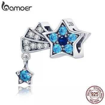 BAMOER Стерлингового Серебра 925 пробы Синий Кристалл Мерцающие Бусины Небесной Звезды Подвеска подходит для оригинального браслета-подвески