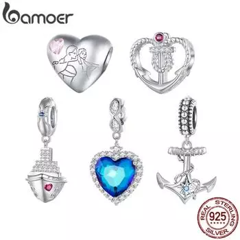 BAMOER Стерлингового Серебра 925 пробы Синий Сердце Моря Подвеска из Бисера Любовь Подвески для Женщин Браслет DIY Изящные Ювелирные Изделия D