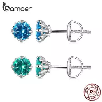 BAMOER стерлингового серебра 925 пробы синий зеленый кристалл шпинель свадебные серьги женские 6 мм классические круглые серьги вечерние ювелирные изделия подарок