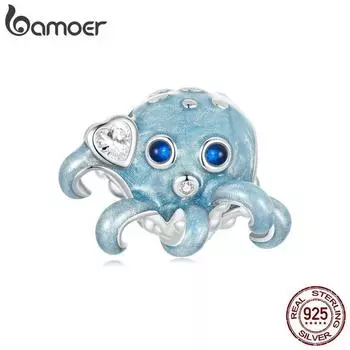 BAMOER стерлингового серебра 925 пробы, синяя эмаль, бусины в виде осьминога, подвески в виде океанской рыбы для женщин, браслет, ожерелье, аксессуары «сделай сам», ювелирные изделия, подарок SCC2728