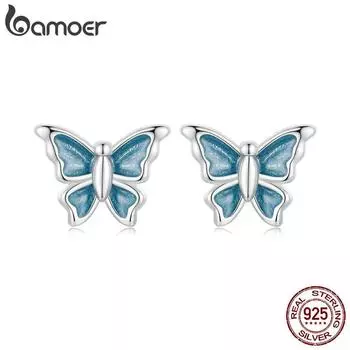 BAMOER Стерлингового Серебра 925 пробы, синяя эмаль, мини-серьги-гвоздики с бабочками для женщин и девочек, милые ювелирные изделия, подарок на день рождения BSE957