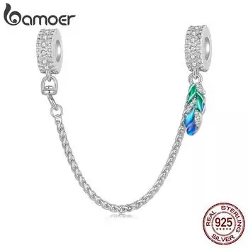 BAMOER Стерлингового Серебра 925 пробы, синяя эмаль, защитная цепочка с перьями, подходит для подвесок, браслетов и браслетов, подвески, ювелирные изделия своими руками 925 silver