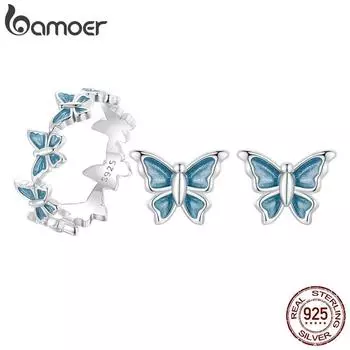 BAMOER Стерлингового Серебра 925 пробы, синяя эмаль, мини-кольцо и серьги-бабочки, комплект ювелирных изделий для женщин и девочек, ювелирные изделия, подарок на день рождения 6