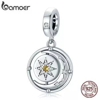 BAMOER Стерлингового Серебра 925 пробы Сияющая Луна Звезда Шарм Желтый Циркон Гибкая Подвеска-подвеска для оригинального браслета 925 silver