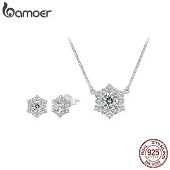 BAMOER стерлингового серебра 925 пробы снежинка кулон ожерелье блестящий цирконий серьги-гвоздики для женщин комплект ювелирных изделий 925 silver