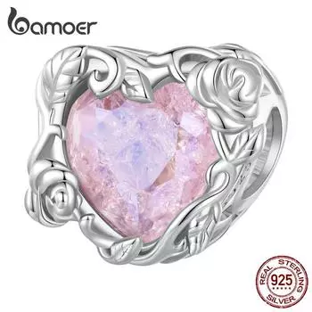 BAMOER Стерлингового Серебра 925 пробы Спиральный Кристалл Роза Подвески Бусина для Женщин Оригинальный Серебряный Браслет Изящные Ювелирные Изделия 925 silver