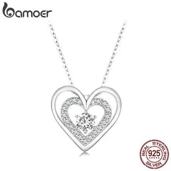 BAMOER стерлингового серебра 925 пробы сверкающее двойное сердце кулон ожерелье танцующее сердце шейная цепочка для женщин подарок на день Святого Валентина 925 silver