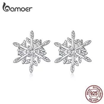 BAMOER стерлингового серебра 925 пробы сверкающие циркониевые серьги уникальные серьги-гвоздики со снежинками для женщин романтические зимние украшения подарок 925 silver