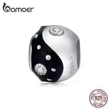 BAMOER стерлингового серебра 925 пробы Taichi белая и черная эмаль круглые металлические бусины женские украшения подходят для браслета 925 silver