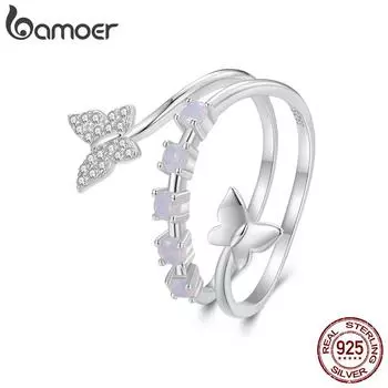 BAMOER Стерлингового Серебра 925 пробы Танцующая Бабочка Открытое Кольцо Фэнтези Опал Регулируемое Кольцо для Женщин Цирконий Изящные Ювелирные Изделия 925 silver