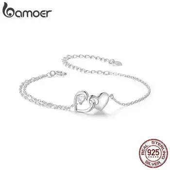 BAMOER стерлингового серебра 925 пробы ювелирные изделия навсегда любовь сердце двойной браслет-цепочка дружба регулируемый браслет подарок для женщин BSB178
