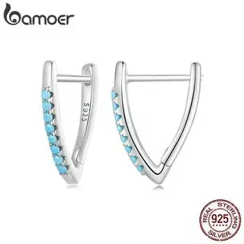 BAMOER стерлингового серебра 925 пробы, V-образная форма, пряжки для ушей, бирюзовые серьги-кольца, гипоаллергенные серьги для женщин, изящные ювелирные изделия, подарок BSE1020