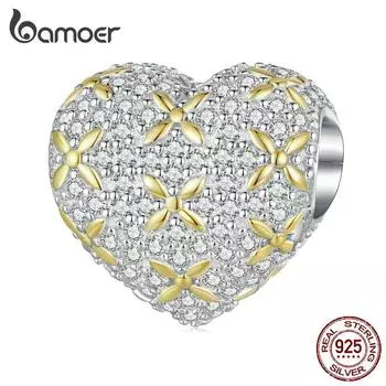 BAMOER стерлингового серебра 925 пробы в форме сердца бусина четырехлистный клевер подвески позолоченный циркон ювелирные изделия для женщин