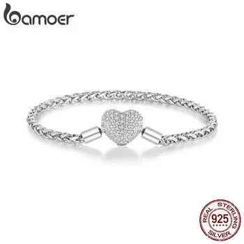 BAMOER стерлингового серебра 925 пробы в стиле панк плетеная серебряная цепочка с пряжкой в форме сердца базовый браслет с кубическим цирконием для женщин 17