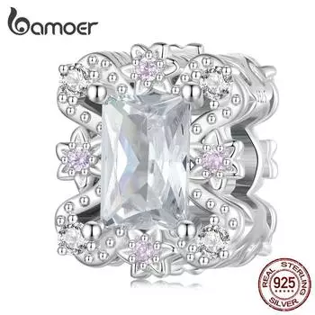 BAMOER Стерлингового Серебра 925 пробы в стиле рококо, розовый квадратный циркон, цветок, подвеска для женщин, оригинальный браслет и браслет, ювелирные украшения 925 silver
