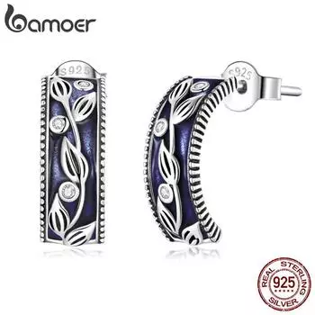 BAMOER стерлингового серебра 925 пробы, винтажные изогнутые серьги-гвоздики, прозрачные эмалированные серьги для женщин, ювелирные изделия в подарок
