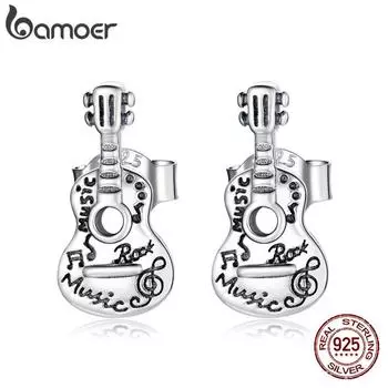 BAMOER стерлингового серебра 925 пробы, винтажные серьги для гитары, серьги с музыкальными инструментами, мелодия, индивидуальные украшения для женщин, ювелирные изделия в подарок 925 silver