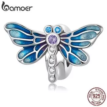 BAMOER стерлингового серебра 925 пробы, винтажные синие подвески в виде стрекозы, подходят для женщин, браслет или браслет с платиновым покрытием, изящные ювелирные изделия 925 silver