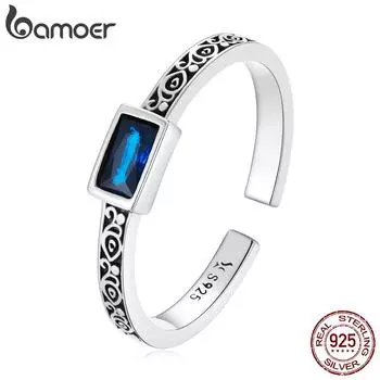 BAMOER стерлингового серебра 925 пробы винтажный узор и прямоугольное циркониевое кольцо для женщин регулируемое кольцо модные украшения 925 silver серебряный