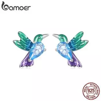 Bamoer стерлингового серебра 925 пробы зеленая эмаль серьги-гвоздики с изображением колибри синий циркон серьги с птицами для женщин вечерние ювелирные изделия BSE989