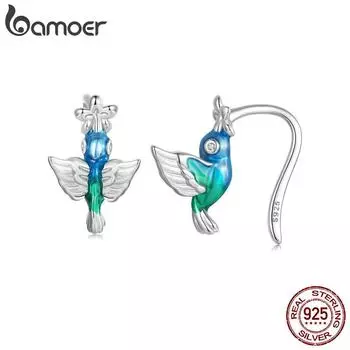 Bamoer стерлингового серебра 925 пробы, зеленая эмаль, зажимы для ушей в виде колибри, белое золото, серьги с птицами для женщин, вечерние ювелирные изделия BSE990