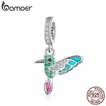 BAMOER стерлингового серебра 925 пробы, зеленая камышовая кулон, красочные подвески с фианитами в виде птиц и животных, подходят для браслетов с подвесками SCC991