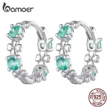 BAMOER стерлингового серебра 925 пробы, зеленое стекло, четырехлистный клевер, зажимы для ушей, серьги-кольца для женщин, ювелирные изделия, счастливый подарок 925 silver