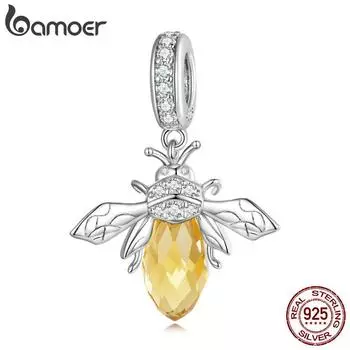 BAMOER Стерлингового Серебра 925 пробы желтая пчела подвесная бусина милая подвеска в виде насекомых Шарм для женщин ожерелье браслет 925 silver
