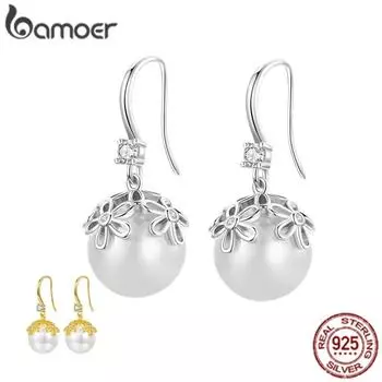 BAMOER стерлингового серебра 925 пробы, жемчужные бусины, крючки для ушей для женщин, качественные серьги с жемчугом в форме ракушки, ювелирные изделия, свадебный подарок золотой