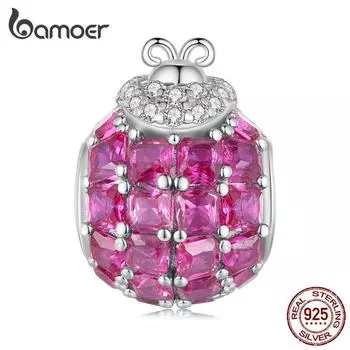 BAMOER Стерлингового Серебра 925 Роза Красная Божья Коровка Бусина Насекомое Подвески для Женщин Браслет DIY Цирконий Изящные Ювелирные Изделия 925 silver