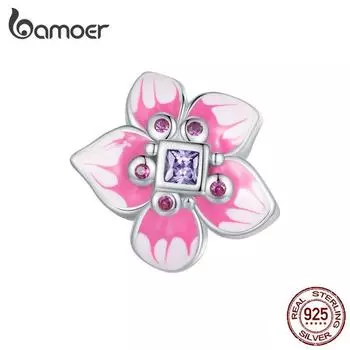 BAMOER Стерлингового Серебра 925 Розовая Эмаль Цветочные Бусины Фиолетовый Квадратный Циркон Подвески для Женщин Оригинальный Браслет Изящных Ювелирных Изделий