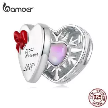 BAMOER Стерлингового Серебра 925 Розовое Стекло Сердце Подарочная Коробка Подвески Бусина для Женщин Браслет DIY Изящные Ювелирные Изделия 925 silver
