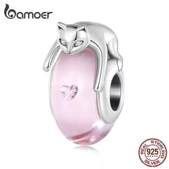 BAMOER Стерлингового Серебра 925 Розовые Стеклянные Бусины Серебряный Кот Подвески Цирконий для Женщин Оригинальный Браслет Изящных Ювелирных Изделий 925 silver