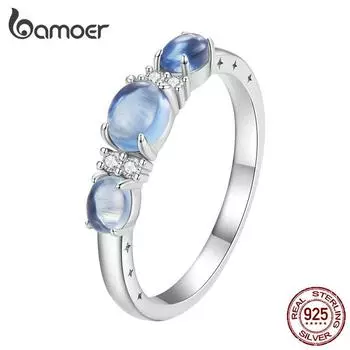 BAMOER твердые кольца из стерлингового серебра 925 пробы для женщин, кольца круглой огранки с тремя камнями для помолвки, свадьбы, ювелирные украшения 6
