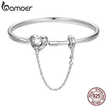 Bamoer Твердый 925 пробы серебряный браслет с подвесками для женщин ретро узор в виде сердца застежка змея цепочка браслет подойдет любой шарм подарок своими руками 5.5cm серебряный