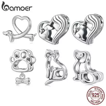 Bamoer Твердый 925 пробы стерлингового серебра милый такса кошка бусина шарм подходит оригинальный браслет и ожерелья ювелирные изделия своими руками bamoer питомец шарм 1.5*1.4cm серебряный