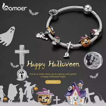 Bamoer Уникальный дизайн из стерлингового серебра 925 пробы на Хэллоуин, серия кулон, ювелирные изделия, дом с привидениями, черный кот, череп, призрак, тыква, шарм, бусина, браслет, ювелирные изделия E